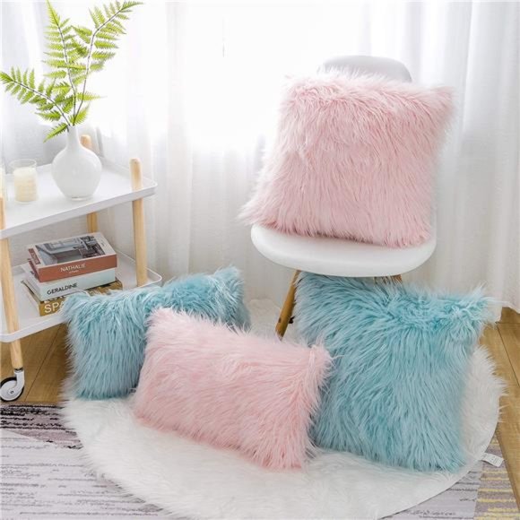 Set of 2 Pink Fluffy Pillow Covers New Luxury Series Merino Style Blush Faux Fur - Picture 5 of 6